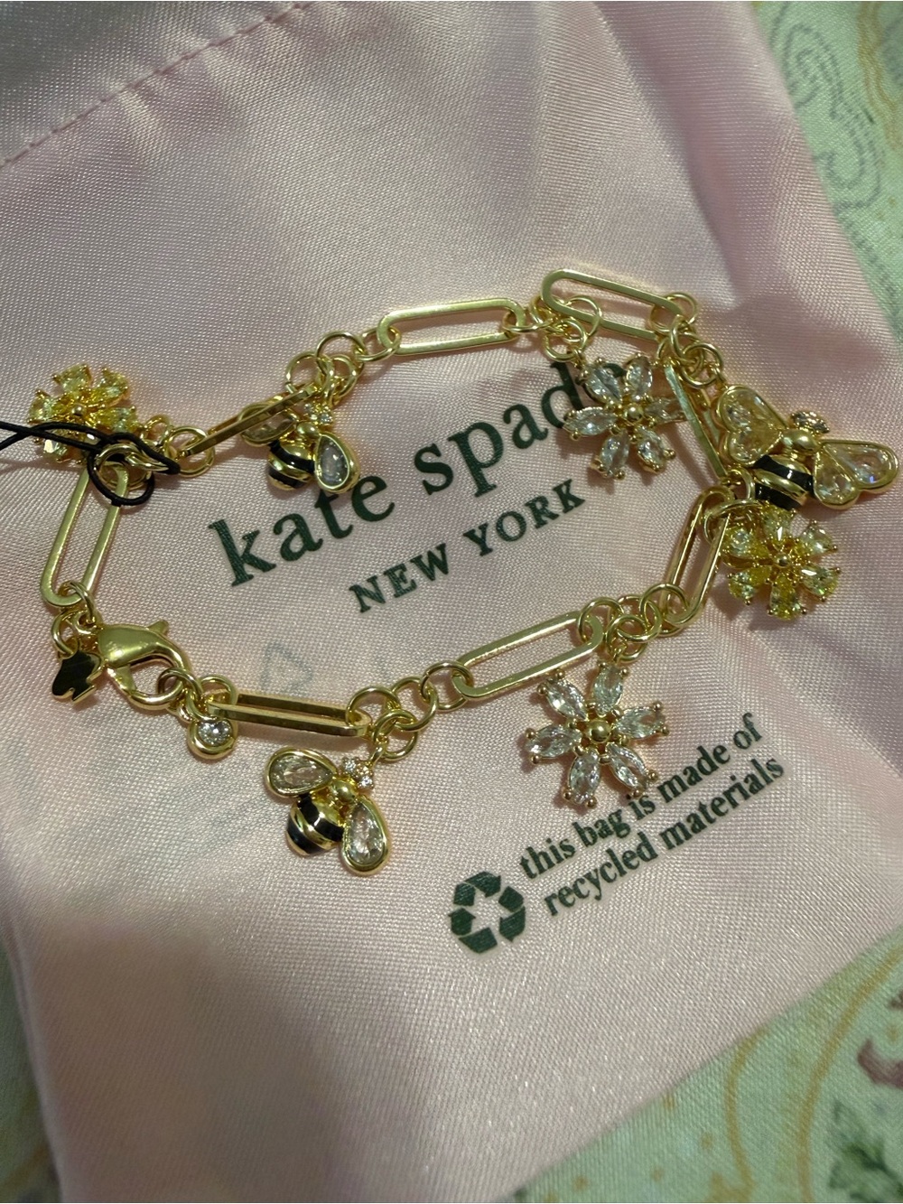 🐝 KATE SPADE All Abuzz Gold Bee & Flower Charm Bracelet - NWT 🐝 🌹